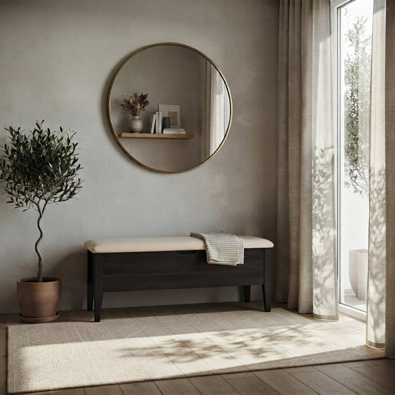 Banc Oslo en chêne blanc américain 43 po – Chêne expresso, cuir beige
