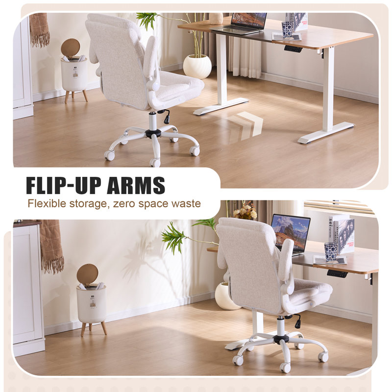 Executive Office Chair, Comfy Fabric Cloth Computer Chair Ergonomic Desk Chairs with Flip-up Armrests, Lumbar Support, 360掳 Swivel and Rocking Function for Home Office Chairs, White