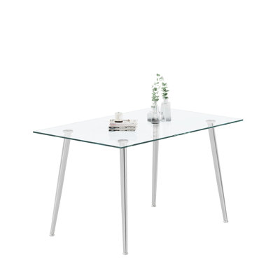 Plateau de table en verre trempé de 0,32 po d'épaisseur avec pieds en acier inoxydable argenté, design tendance et facile à gérer pour les salles à manger modernes, verre propre à long terme, options de couleur de métal rouille stable or