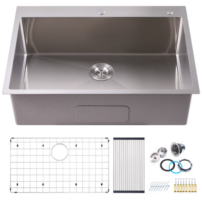 Évier de cuisine 32 po à cuve simple encastrée / encastrée en acier inoxydable 304 de calibre 16 avec accessoires 32 po