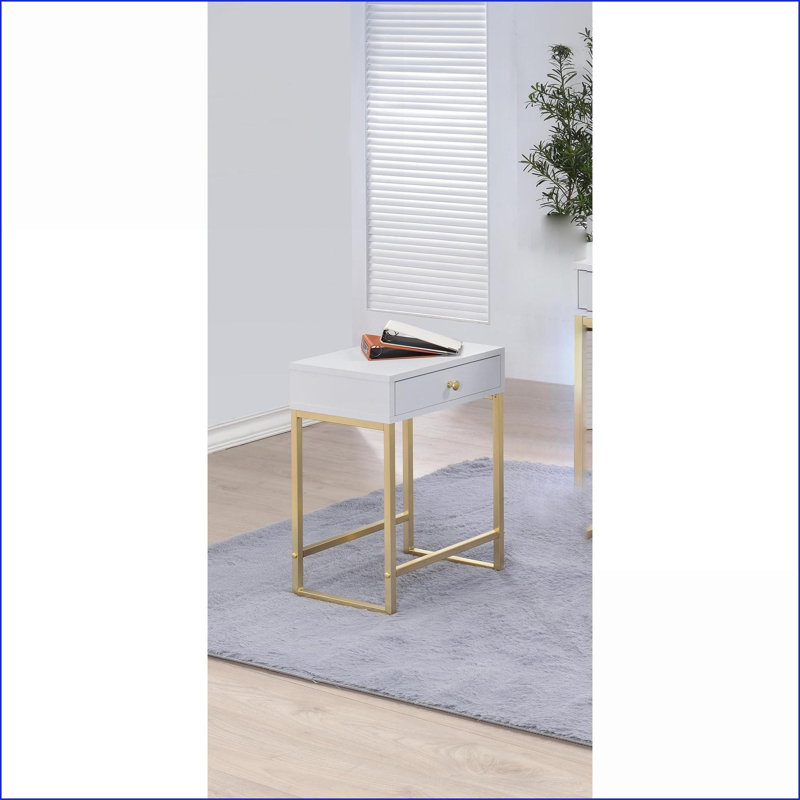 Blanc et blanc Table basse moderne en laiton avec rangement à tiroirs, table d'appoint peu encombrante pour petits espaces