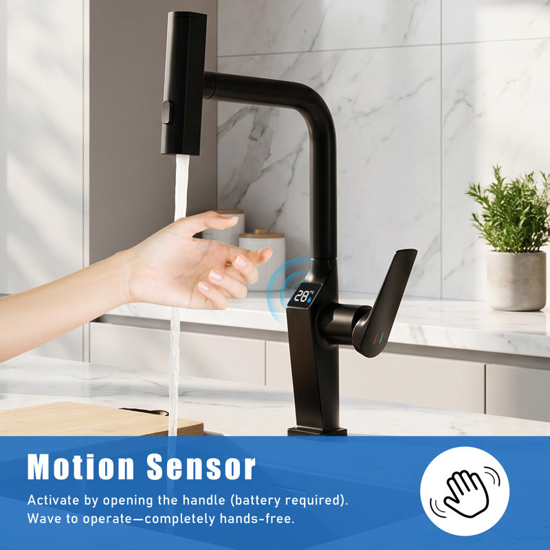 Robinet de cuisine noir tactile sans contact avec affichage à DEL, robinet d'évier de cuisine à capteur de mouvement avec pulvérisateur rétractable à 3 fonctions et bec pivotant à 360 °