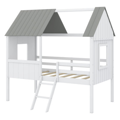Low Loft Wood House Bed With Two Side Windows
