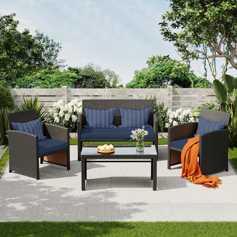 Wicker Outdoor Seating Group with Cushions, Navy Cushion/Black Frame