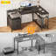 Bureau en L avec station de charge, 2 tiroirs en tissu et tablettes réglables, bureau d'ordinateur pour petits espaces-130085497-130085494