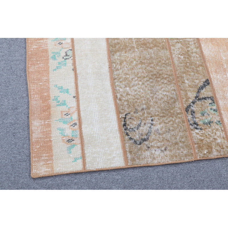 Handmade Turkish Patchwork Wool Rug Ideal For Bathrooms And Small Spaces In Vibrant Orange And Multicolored Patterns