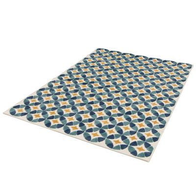 Grubb Geometric Machine Woven Relief Indoor Outdoor Petrol Area Rug