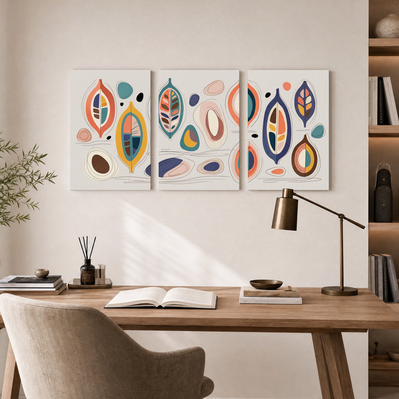 Ensemble de 3 toiles murales à motif de feuilles stylisées turquoise et orange, 36"H x 24"W x 3pcs