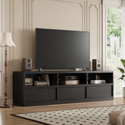 Meuble télé 70 po de style Mid-Century moderne pour téléviseur de 65 à 80 pouces, centre de divertissement industriel avec 3 tiroirs et tablettes ouvertes, console multimédia robuste en bois aggloméré pour le salon