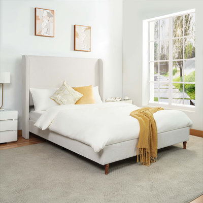 Lit plateforme tapissier de grande taille avec tête de lit grand, conceptions minimalistes en chenille de qualité supérieure, lit plateforme de style simple rétro sans sommier, assemblage facile, ivoire