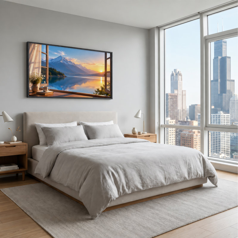Tableau sur toile représentant une vue de fleurs blanches et de montagnes enneigées au coucher du soleil, L 46 po x H 24 po
