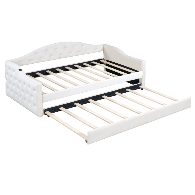 Lit de jour simple avec lit gigogne, canapé-lit en velours et charge de type C, lit gigogne sophistiqué et fonction de charge, revêtement pour une chambre confortable