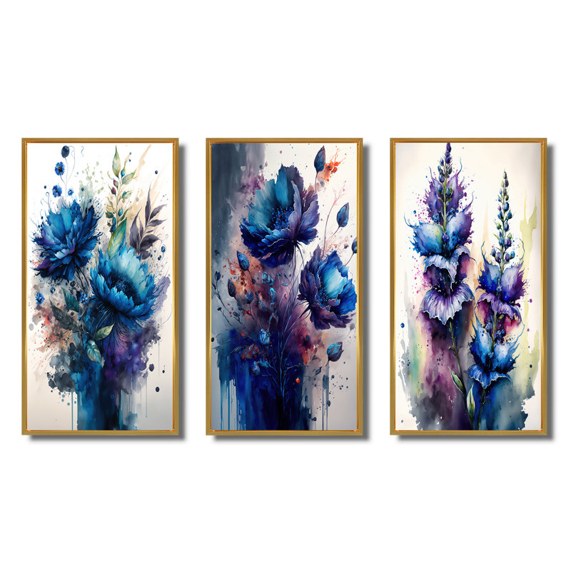 «Vibrant Blue Flower Bouquet», 3 pièces sur toile, Or, H 32 po x l 48 po