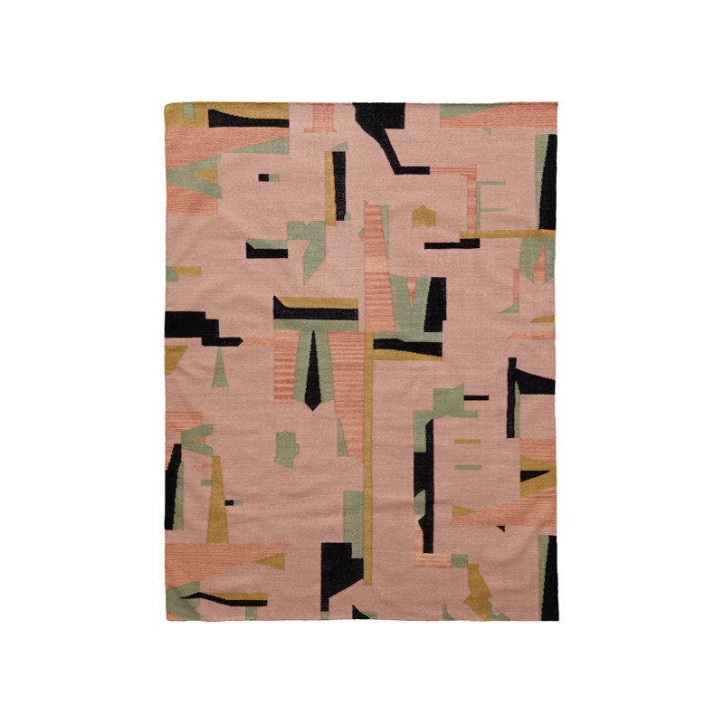 Abstract Flatweave Rectangle 8' x 10' Wool Area Rug in Black/Pink