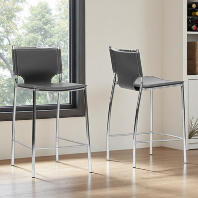 Avalon 2-Piece Counter Stool Set in Bonded Leather, Black/Silver 34.91'' H X 17.61'' W X 19.58'' D