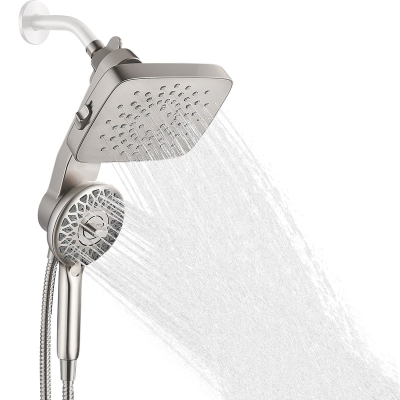 Pomme de douche double 2 en 1, pomme de douche ronde détachable à 5 jets, Nickel brossé