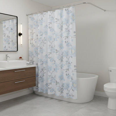 72" White Gray And Blue Floral Shower Curtain