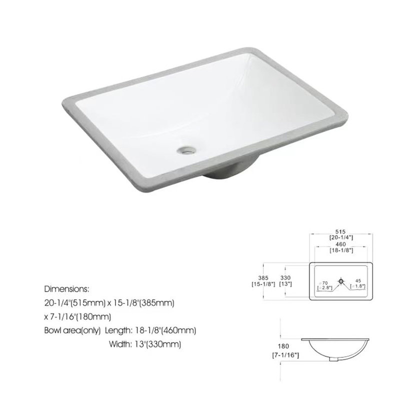 Lavabo vasque de salle de bain en céramique blanche - Trop-plein, insonorisant, chauffant, teinté et rayé, sans trous de robinet, lavabo à évacuation rectangulaire, isolation, rouille, permis