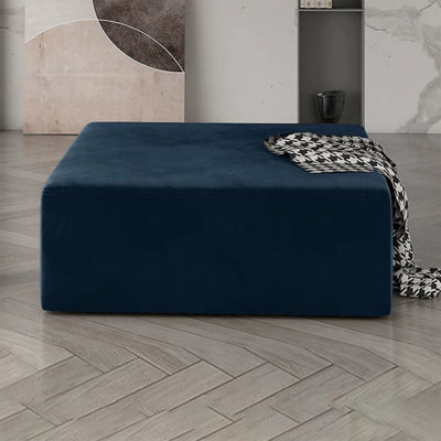 Repose-pieds rectangulaire moderne minimaliste bleu avec structure en bois massif et coussin rembourré