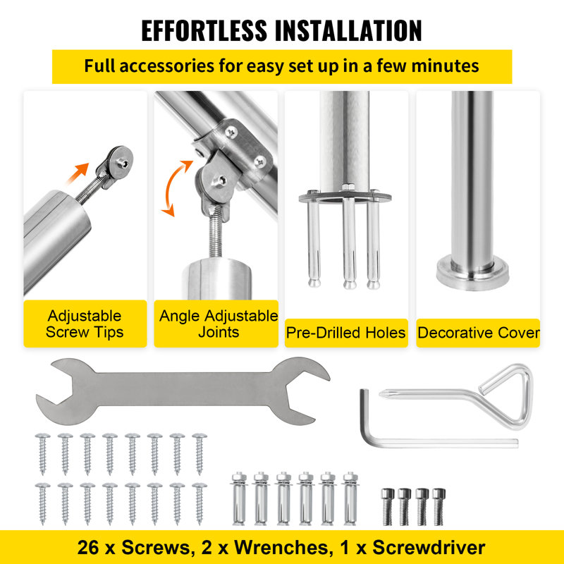 Adjustable Stainless Steel Handrail for 2-3 Steps, Silver Finish