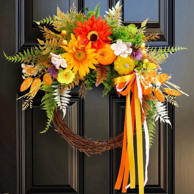 Fall Harvest Wreath with Pumpkins Berries Maple Leaf for Farmhouse Garden Patio Yard Indoor Outdoor Decor