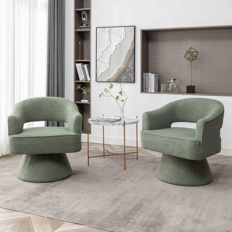 Kenzlee Upholstered Swivel Barrel Chair, Green Teddy Fabric