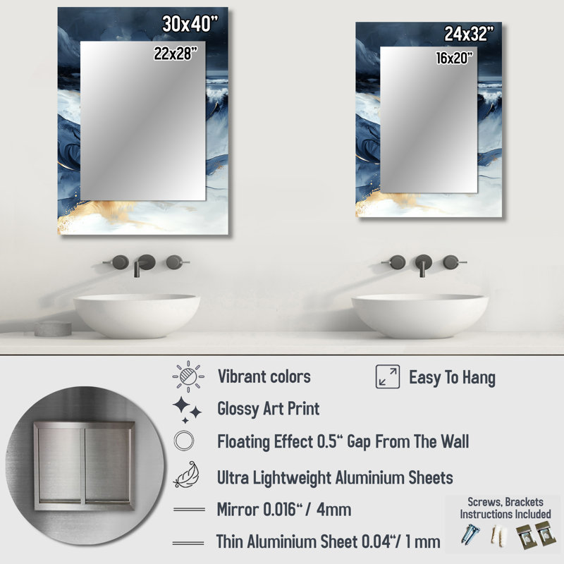 Moonlight Beach II - grand miroir mural de plage, miroir unique bleu, impression d'art en métal, 32 po x 24 po