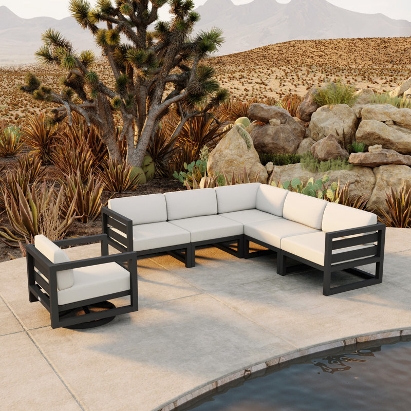 Avion 6 Piece Sectional Set With Swivel, Slate, Canvas Natural Sunbrella® Canvas