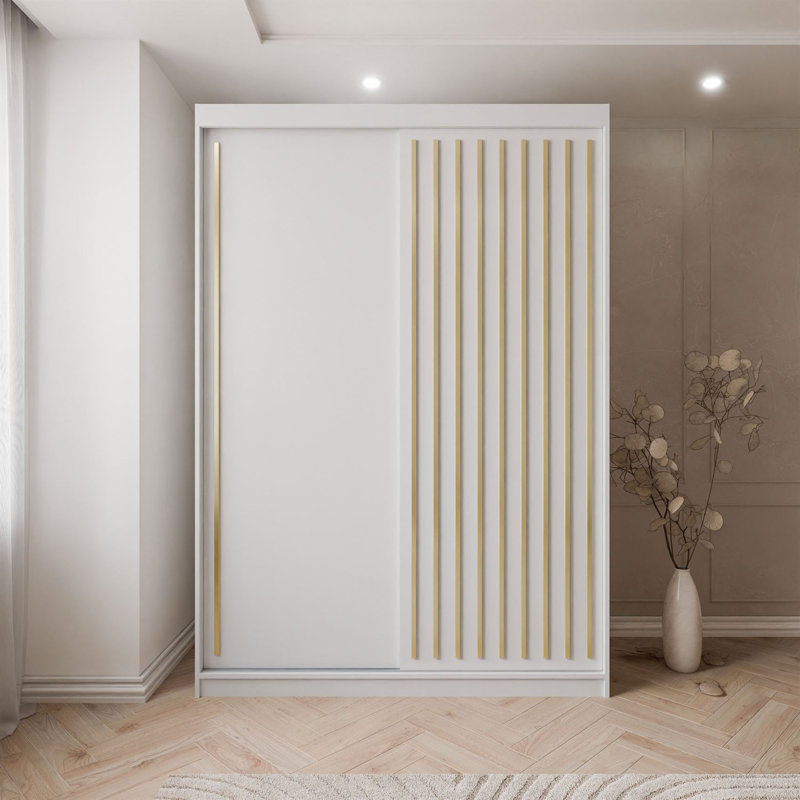 Sliding Wardrobe AURIS  with Gold Strips, White Matt
