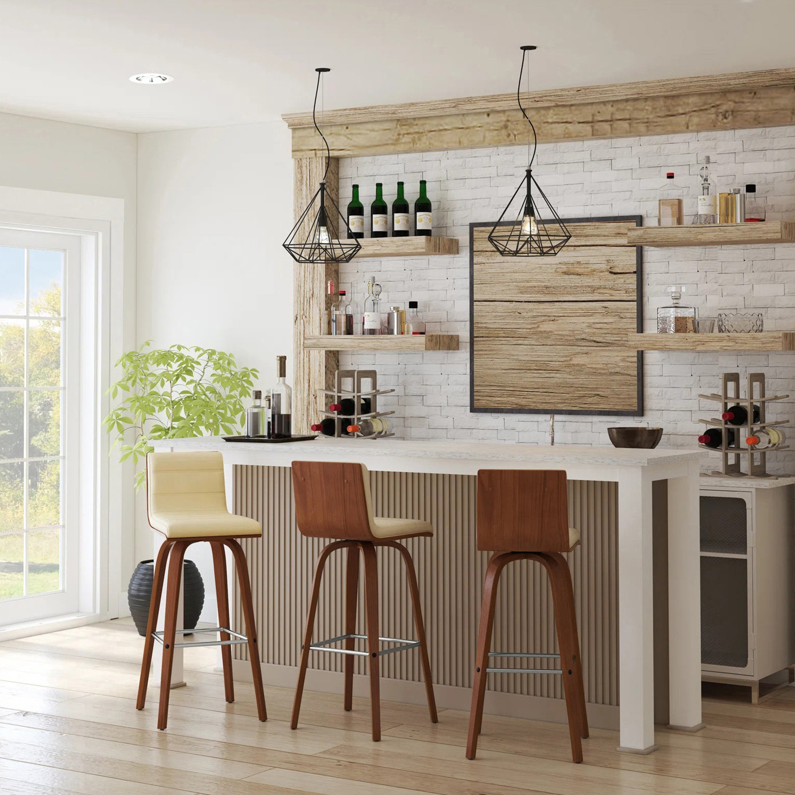 Biance Solid Wood Swivel Bar & Counter Stool, Bar Stool (30" Seat Height), Creme Faux Leather, Walnut