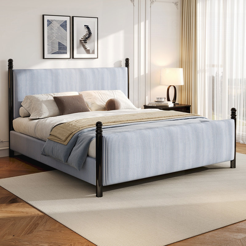 Lit tapissier en bois d'hévéa rayé de 48 pouces avec tête de lit haute et structure robuste, parfait pour le confort et la durabilité