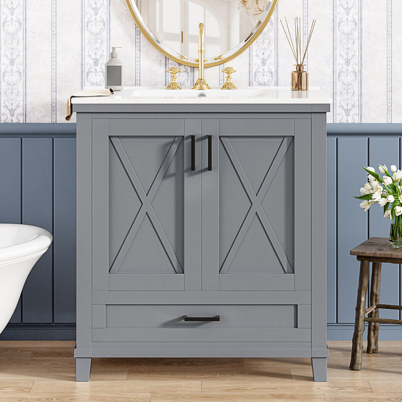 Meuble-lavabo de salle de bain avec lavabo simple, 2 portes à fermeture douce et 1 tiroir divisé