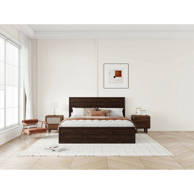 Grand lit avec tête de lit à hauteur réglable, lit en bois de pin avec cadre de lit renforcé, brun riche