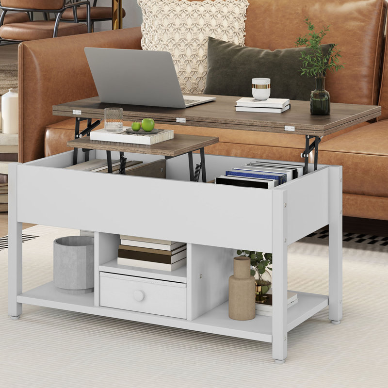 Afeez Lift Top Coffee Table with Storage，Extendable Coffee Table Centre Table for Living Room, White, Grey Wood