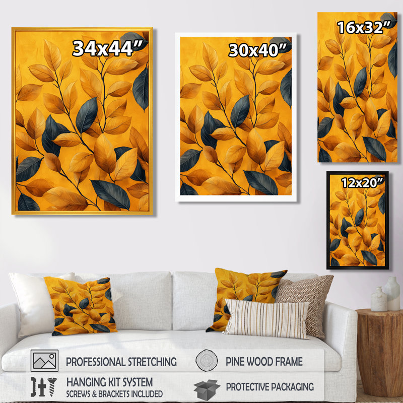 Décoration murale Riya moutarde feuilles d'automne Embrace I - feuilles, Framed Print without Mat, H 32 po x l 16 po, Blanc