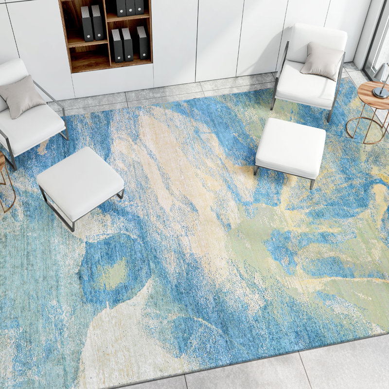 Tapis vert et ivoire noué à la main de haute qualité, Rectangle de 5 pi x 8 pi
