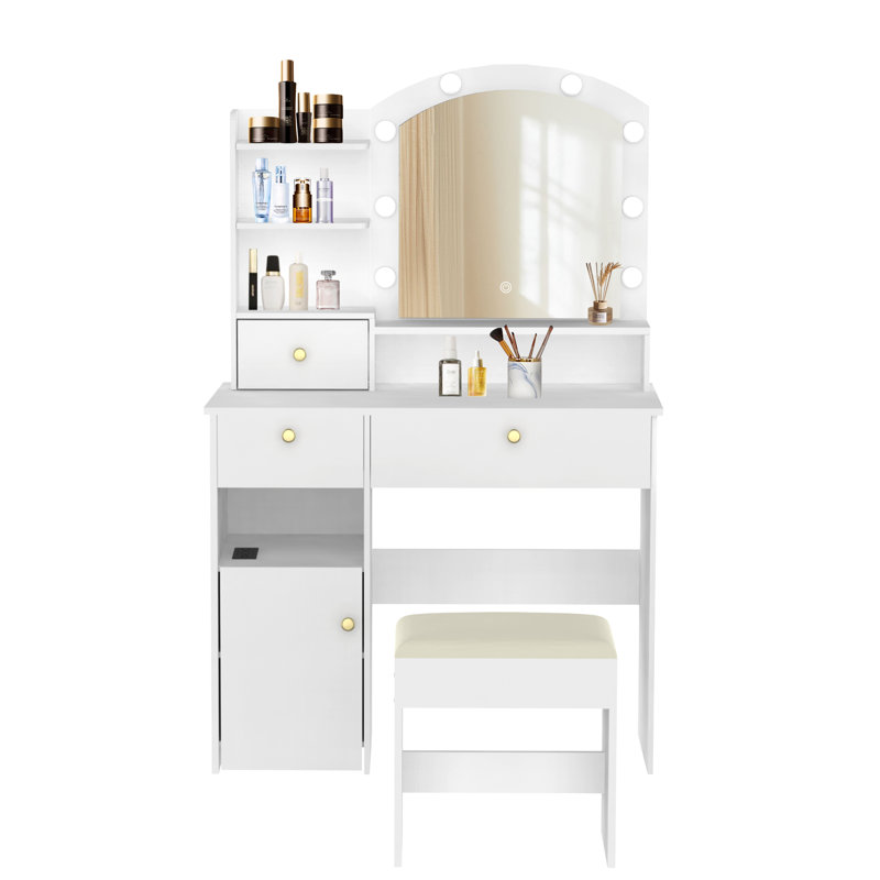 Dressing Table With Built-In Outlets And Led Lighted Mirror, White