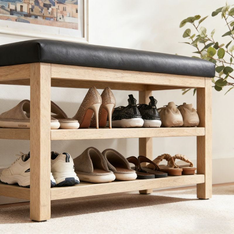 Banc de rangement Mid-Century, Light Yellow Wood/Black