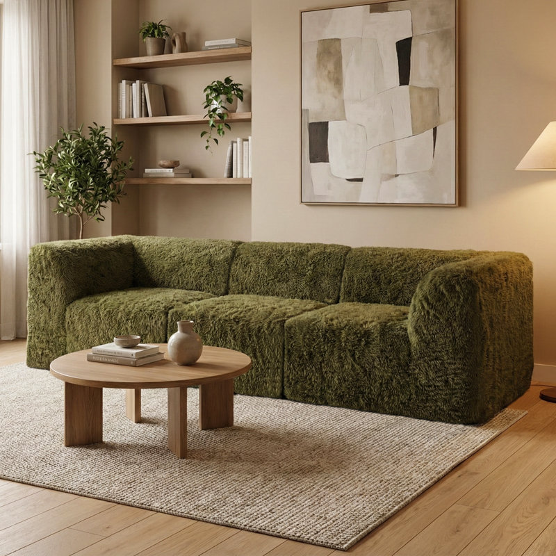 Cathryn Boneless 3-Piece Faux Fur Foam Modular Compressed Sofa, Green