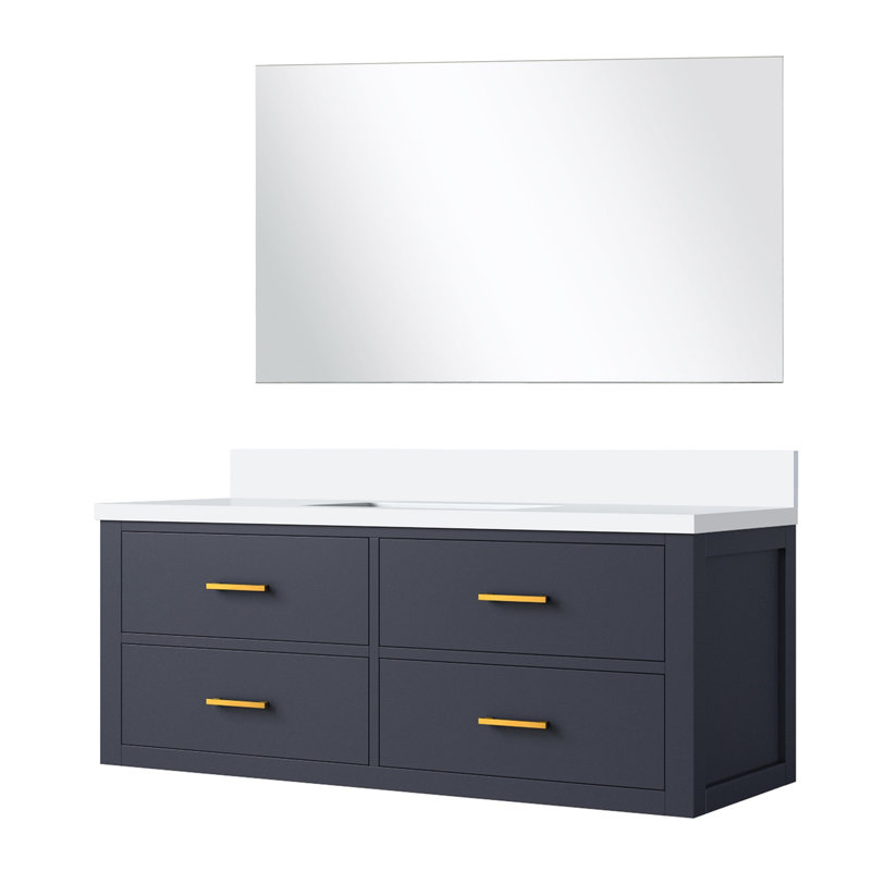 Meuble-lavabo bleu avec comptoir en quartz Miroir - fermeture douce, panneaux de bois massif, fabrication