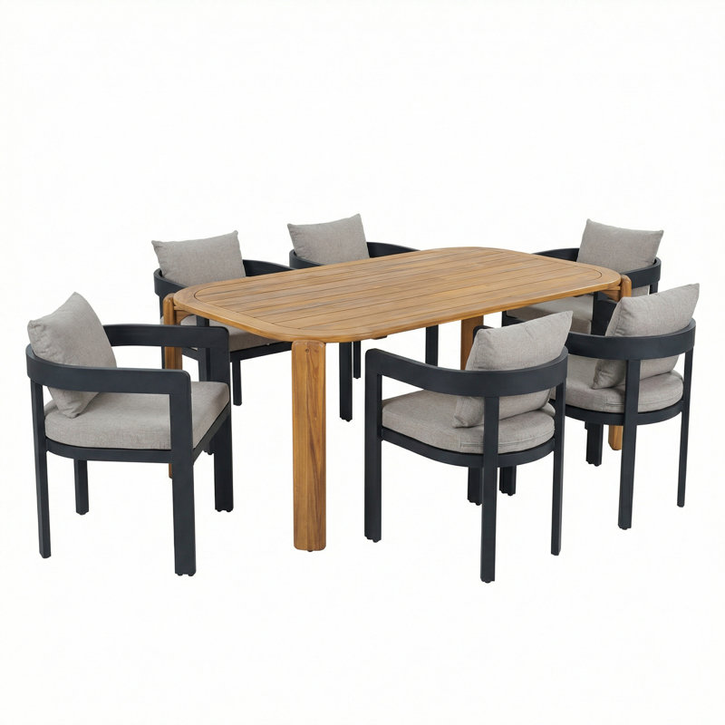 Ensemble repas d'extérieur en aluminium 7 pièces avec table et coussins en bois d'acacia Jerry