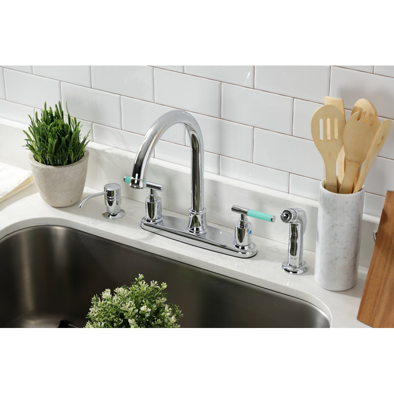 Kingston Brass Kaiser Two-Handle 4-Hole 8" Centerset Kitchen Faucet with Side Sprayer, Polished Chrome