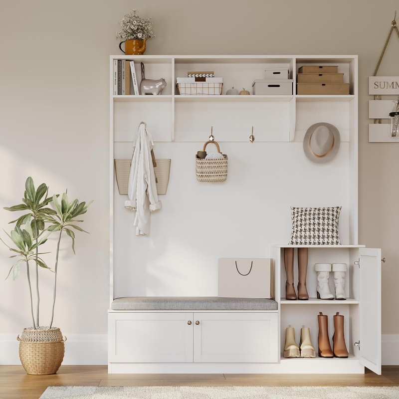 78.7 Inch Tall Hall Tree with Bench and Shoe Storage, Modern Wood Entryway Bench with Coat Rack, 4 Hanging Hooks, 3 Open Compartments for Hallway, Mudroom, Apartment