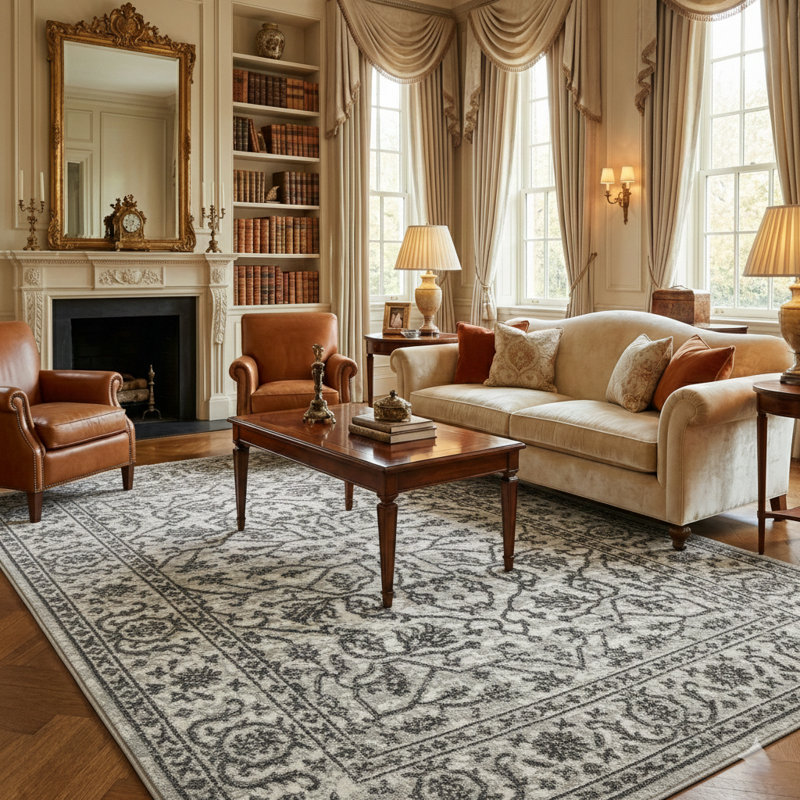 Calam Traditional Bordered Durable Performance Charcoal Gray Area Rug, Rectangle 9'2" x 12'2"