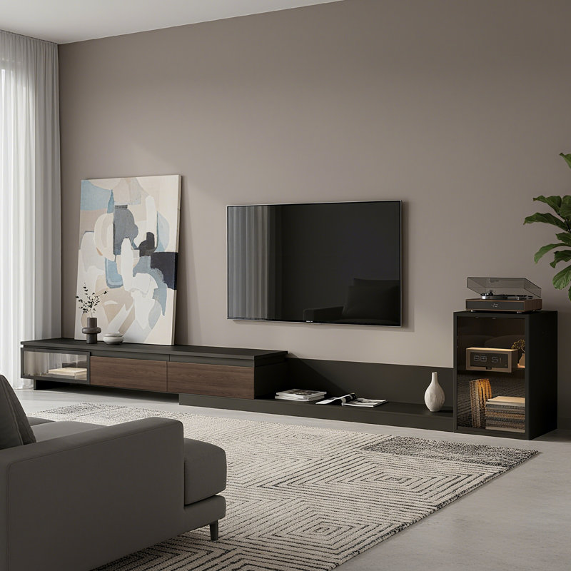 Modern Wood TV Stand And Side Cabinet Set With Glass Door – Low-Profile Entertainment Center With Storage Drawers, Open Shelves, And Display Cabinet