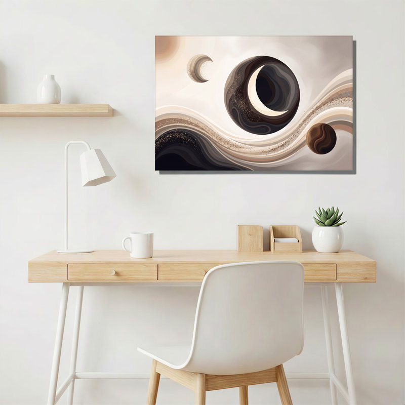 Art mural sur toile brun et beige tourbillonnant de planètes célestes et de lunes, 36"H x 48"W