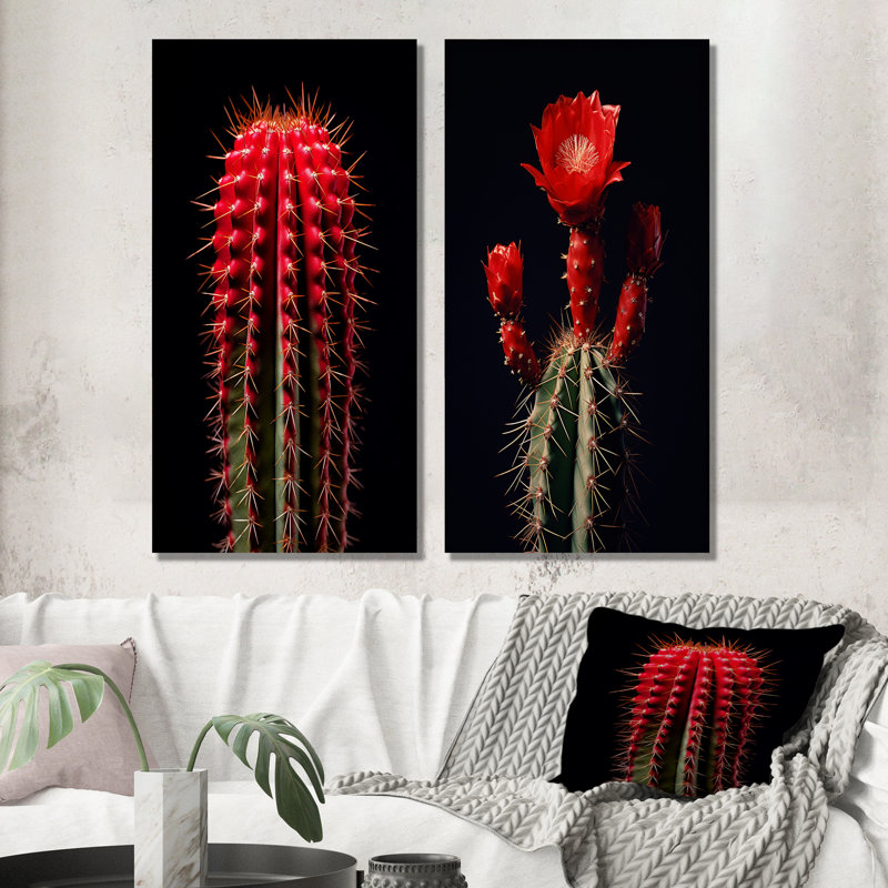 Cactus rouge et noir marron monolithe - ensemble de 2 reproductions d'art mural cactus, H 28 po x l 25 po, Toile tendue