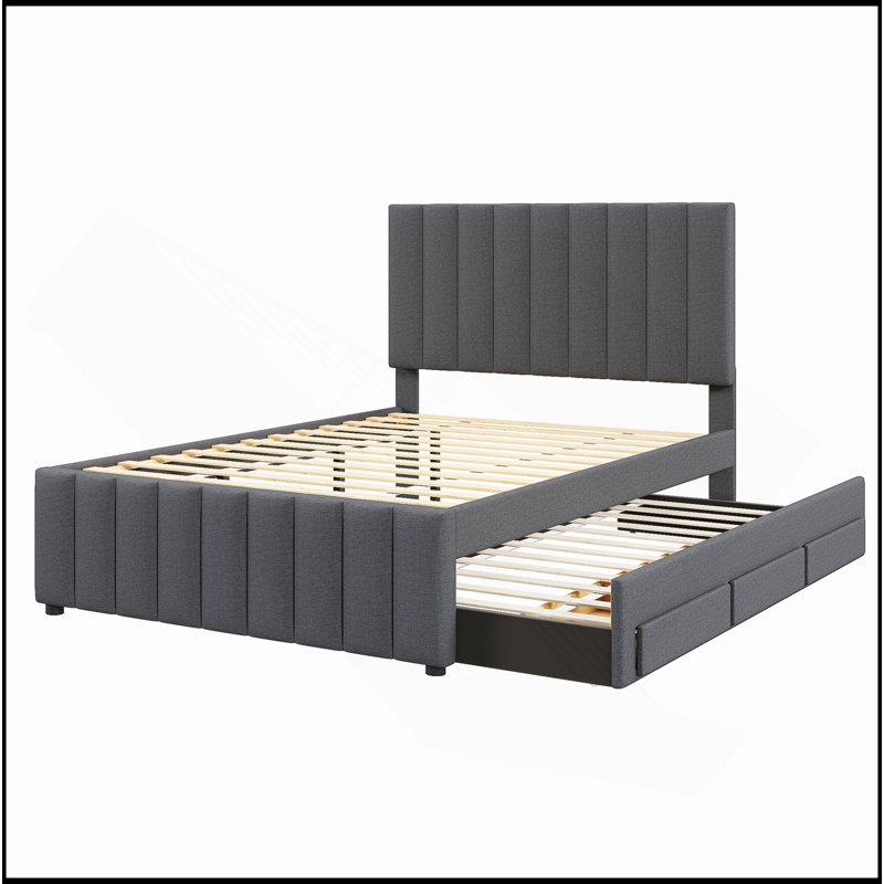 Lit plateforme tapissier avec lit gigogne simple et 3 tiroirs, tissu en lin