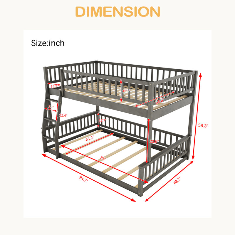 Full XL Over Queen Bunk Bed With Ladder And Guardrails, Gray