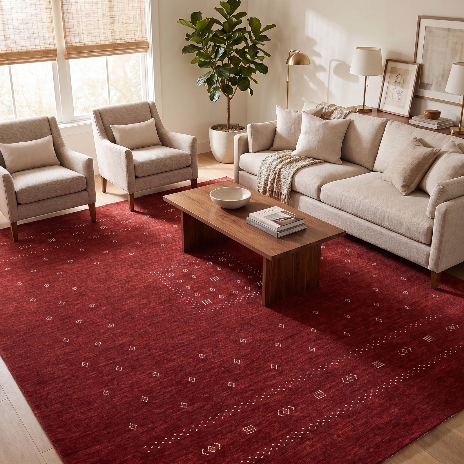 Simi Hand-Woven Geometric Cotton Wool Rug, Red, Rectangle 8' x 10'